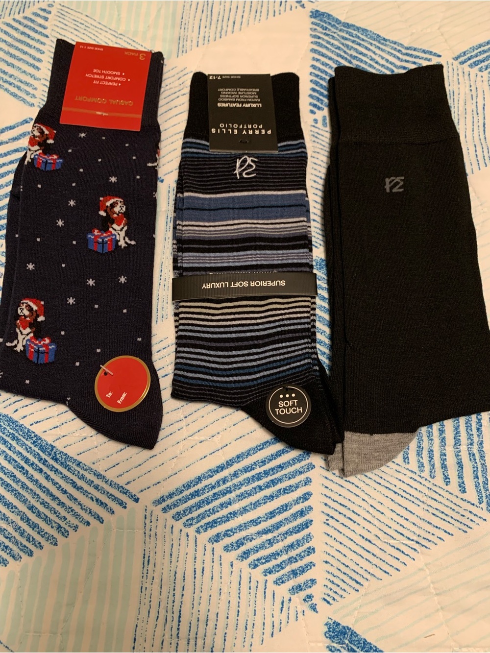 Perry Ellis Men's Navy Novelty, Blue Striped & Black Dress Socks - Pack of 3
